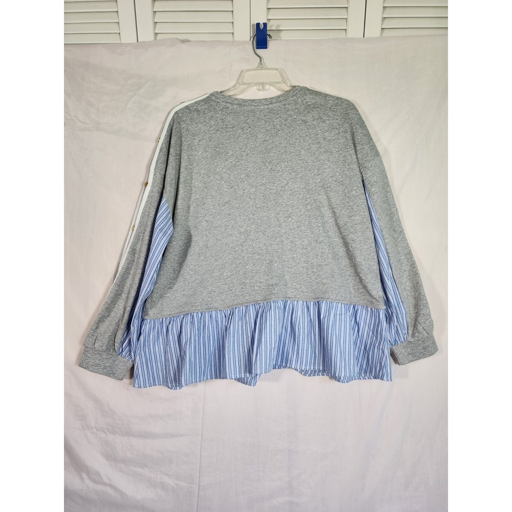 Maeve Anthropologie XL Mixed Media Ruffle Sweatshirt Gray Blue Top Preppy Boho - Picture 5 of 8